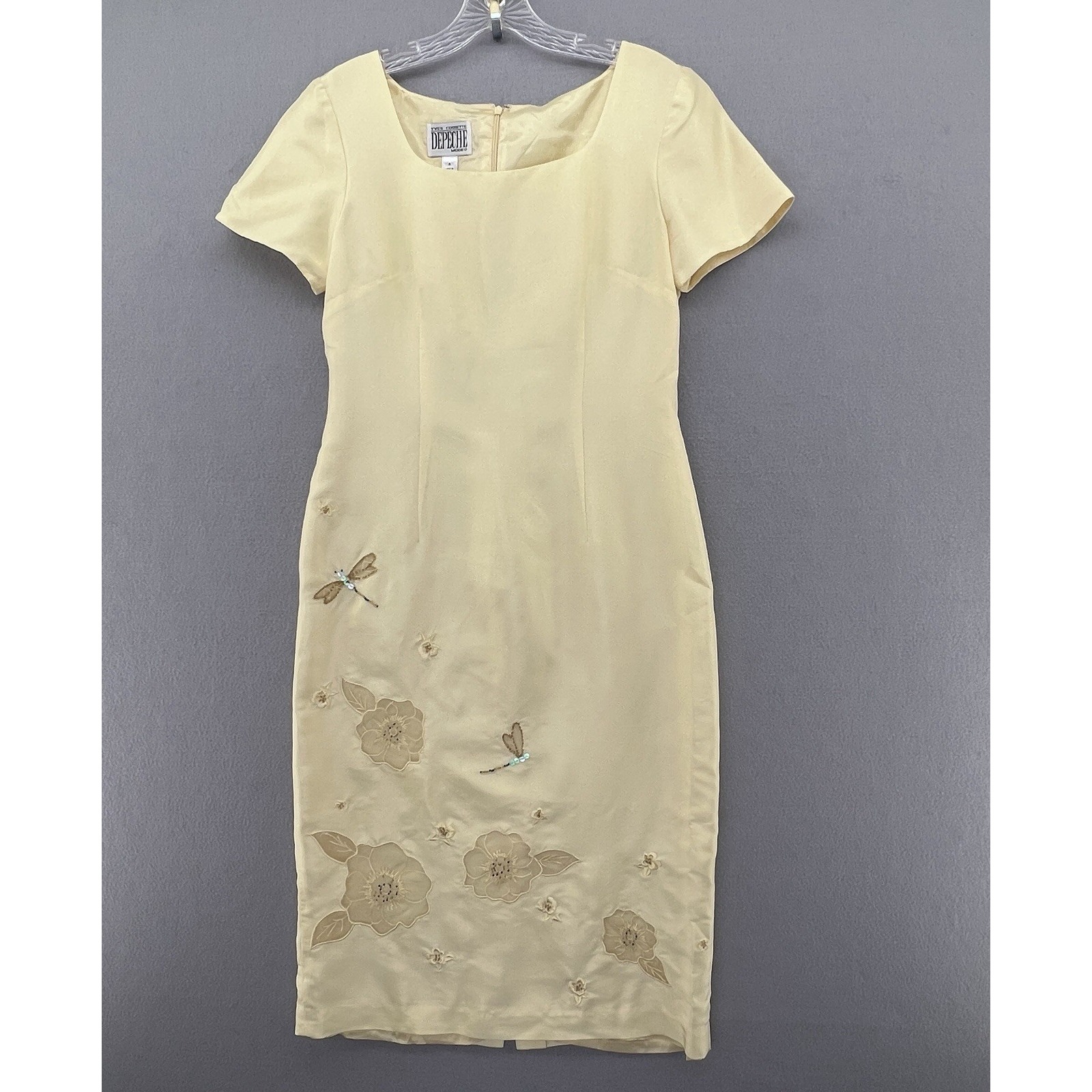 Vintage Yves Cossette Depeche Lined Pale Yellow Embroidered 100% Silk Dress Sz 6